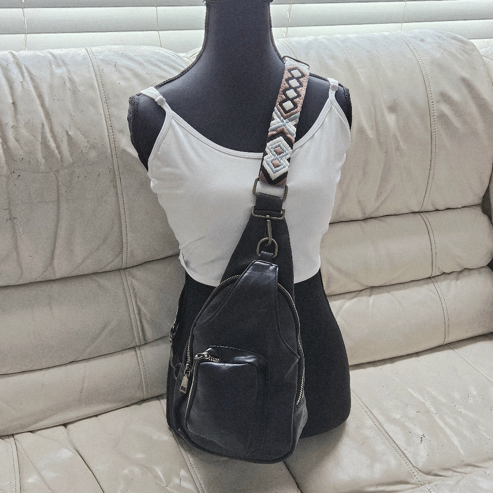 DOMIL Selected Black Vegan Leather Multi-Functional Sling Bag Boho Crossbody
